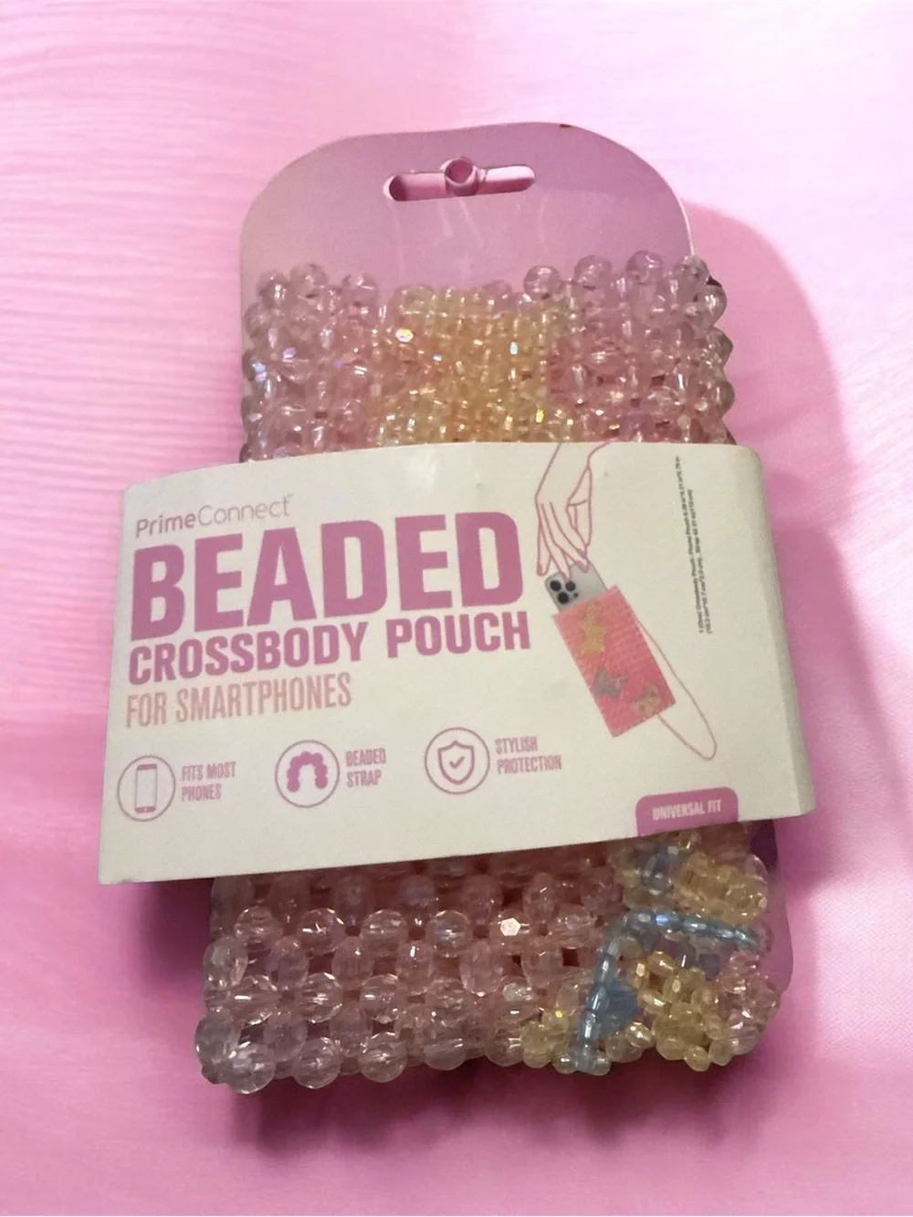 Beaded Crossbody Pouch for Smartphones - Pink/Iridescent